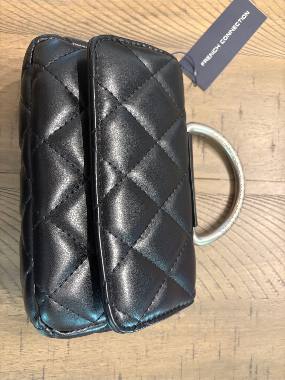 French Connection Quilted Black Mini Bag with Silver Ring Handle 740